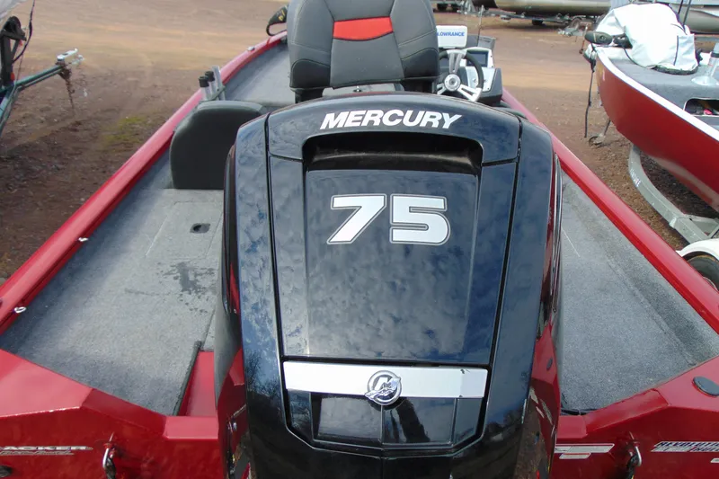 Slide: The Image of 2024 Tracker Pro Team 175 TF boat with Mercury 75 engine, red and gray interior. - 10