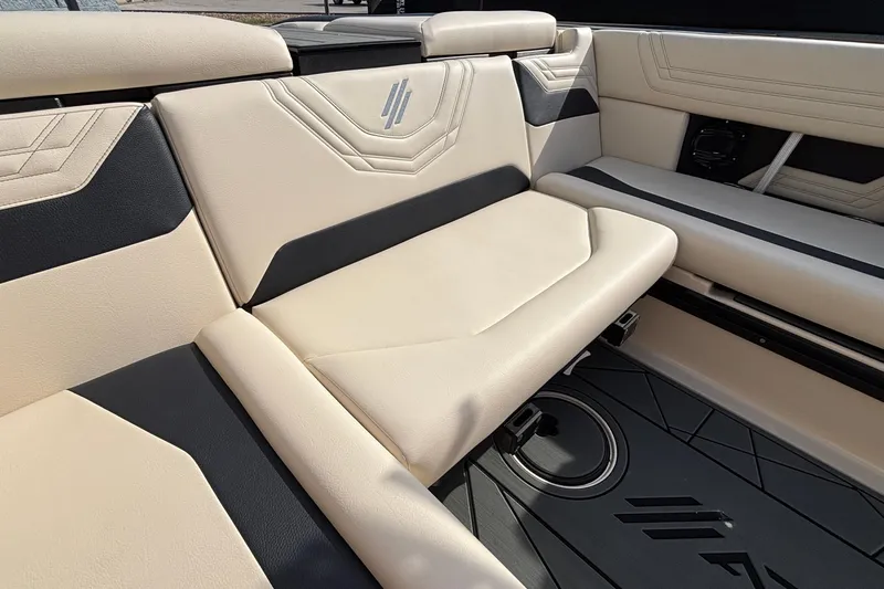 Slide: The Image of Luxurious interior seating of 2026 ATX Surf Boats 24 Type-S, featuring beige and black upholstery. - 21