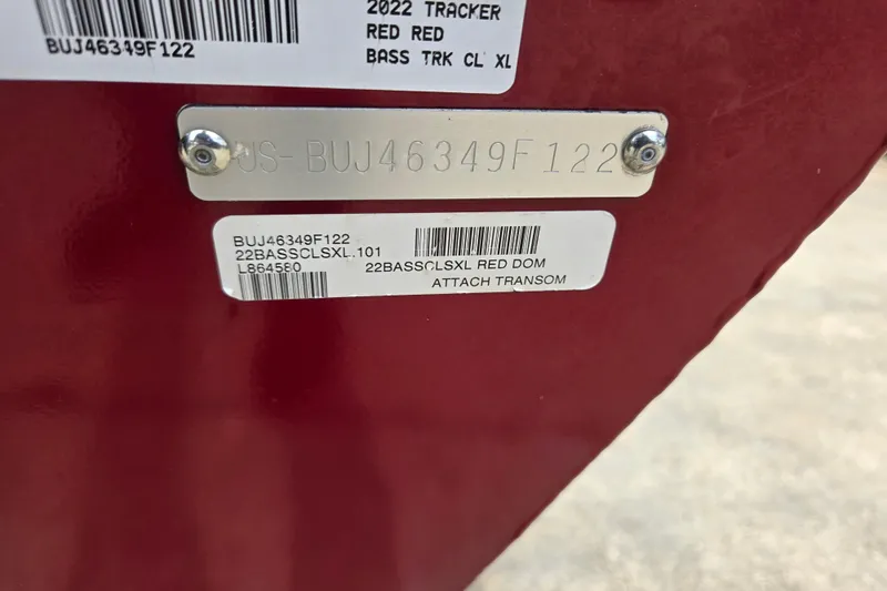 Slide: The Image of 2022 Tracker Bass Tracker Classic XL identification plate with serial numbers. - 14