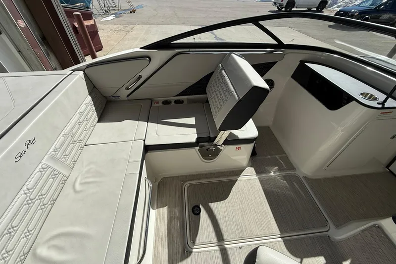 Slide: The Image of Interior of 2025 Sea Ray 19 SPX OB boat with sleek seating and modern design. - 14