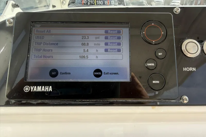 Slide: The Image of Yamaha boat console display showing trip data on Everglades 243 Center Console, 2016 model. - 27