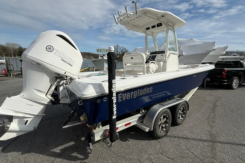 Slide: The Image of 2016 Everglades 243 Center Console boat with Yamaha engine on trailer. - 3