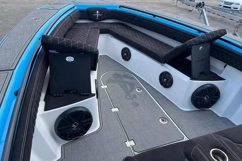 Slide: The Image of Interior of 2025 Statement 350 Open boat with luxurious seating and audio system. - 17