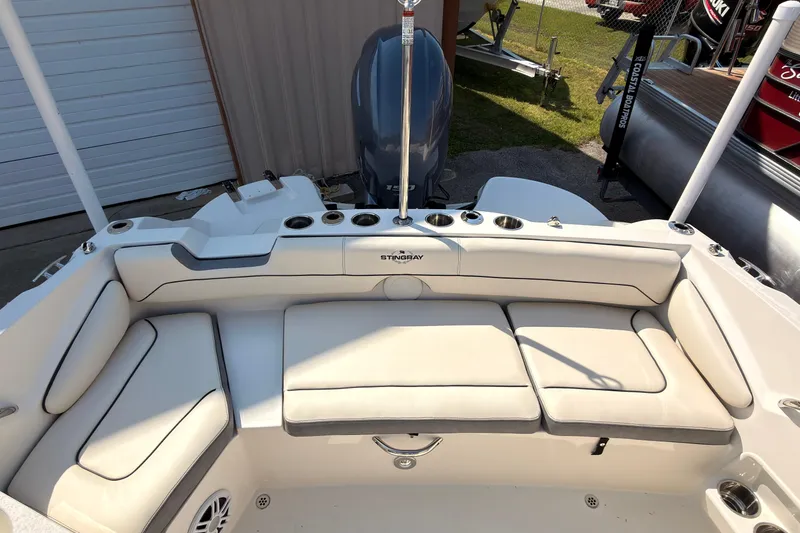 Slide: The Image of 2023 Stingray 201 DC boat on calm water, with scenic waterfront homes in the background. - 6