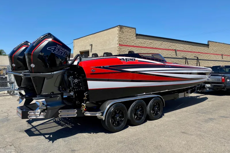 The Image of 2021 Daves Custom Boats M-28R with twin outboard engines on a trailer. - 1