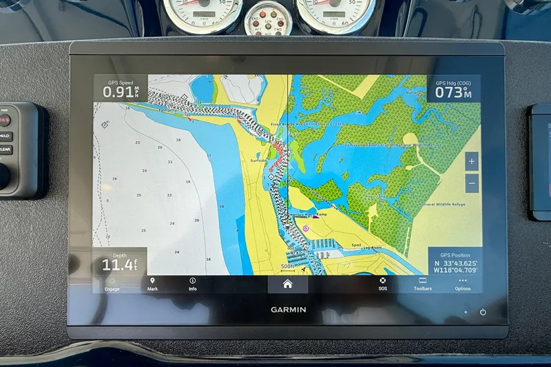 Slide: The Image of Garmin navigation display on 2007 Tiara Yachts 3000 Open, showing detailed marine map. - 31