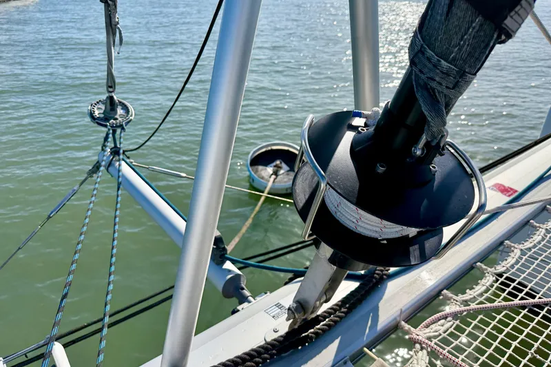 Slide: The Image of Close-up of Nautitech 47 sailboat rigging, showcasing ropes and fittings, 2009 model. - 105