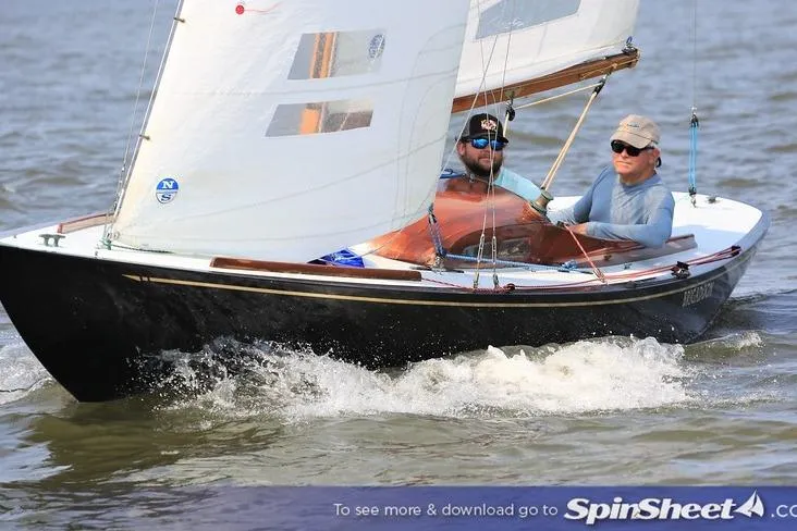 Slide: The Image of Sailing a 1946 Luders L-16 boat on open water, two people navigating. - 5