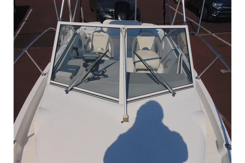 Slide: The Image of 2009 Trophy 1902 Walkaround boat with windshield and seating, viewed from the bow. - 16