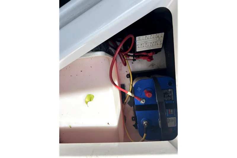 Slide: The Image of Battery compartment of 2020 Scarab 255 ID boat with wiring and leaf. - 39