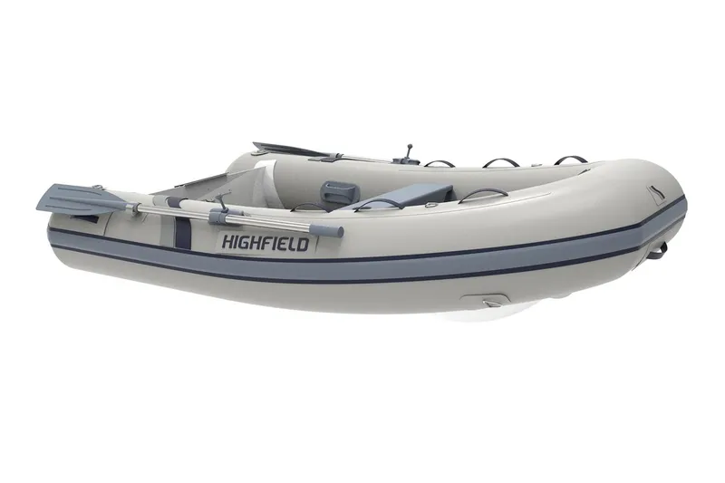 The Image of Manufacturer Provided Image: 2025 Highfield UltraLite 260 inflatable boat, side view, gray with blue accents. - 0