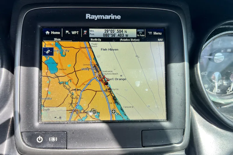 Slide: The Image of Raymarine GPS display on 2015 Monterey 268SS Super Sport, showing coastal navigation map. - 55