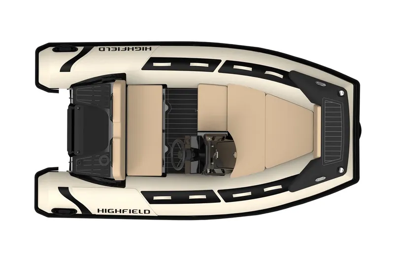 Slide: The Image of Manufacturer Provided Image: Top view of 2025 Highfield Sport 330 boat with beige seating and black accents. - 2