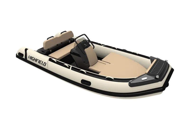 Slide: The Image of Manufacturer Provided Image: 2025 Highfield Sport 420 inflatable boat, beige and black design, side view. - 4