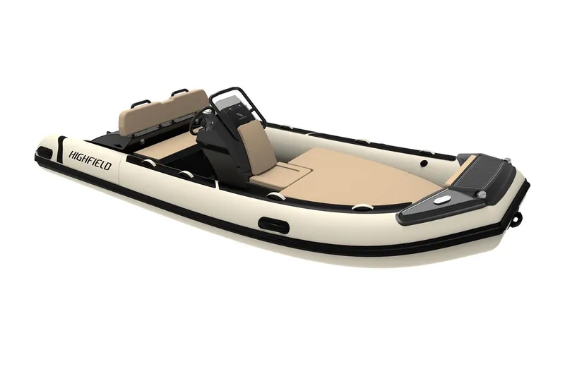 Slide: The Image of Manufacturer Provided Image: 2025 Highfield Sport 460 inflatable boat with beige seating and sleek design. - 3