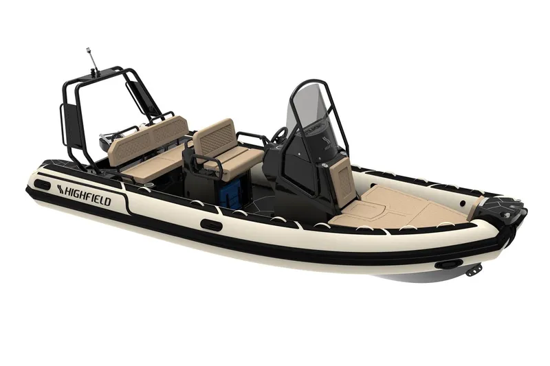 Slide: The Image of Manufacturer Provided Image: 2025 Highfield Sport 560 boat, sleek design, beige seating, black accents. - 3