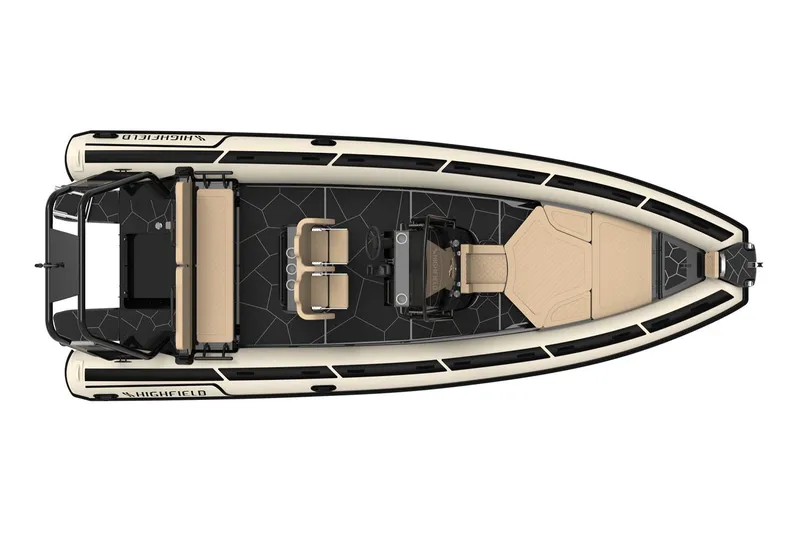 Slide: The Image of Manufacturer Provided Image: 2025 Highfield Sport 700 boat, top view, sleek design, beige and black color scheme. - 4