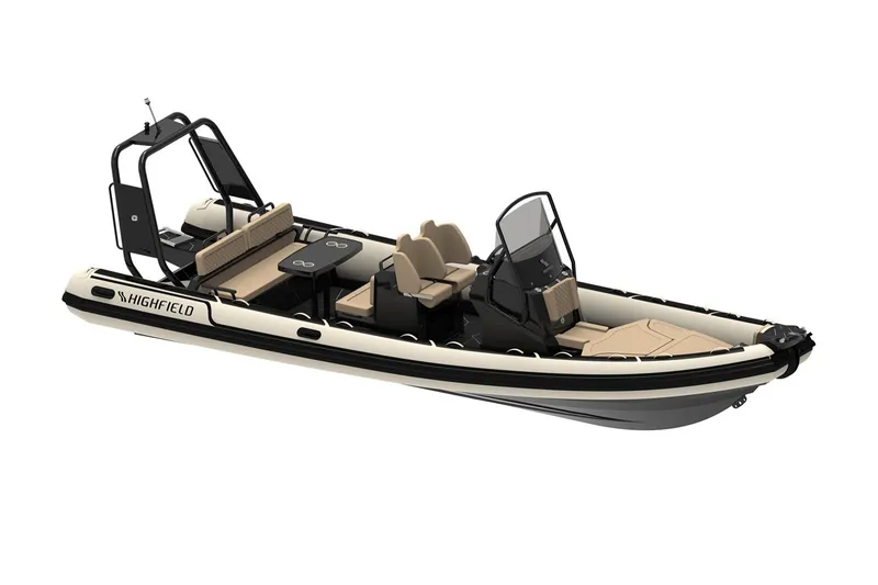 The Image of Manufacturer Provided Image: 2025 Highfield Sport 760 boat, sleek design, beige seating, black accents, modern console. - 0