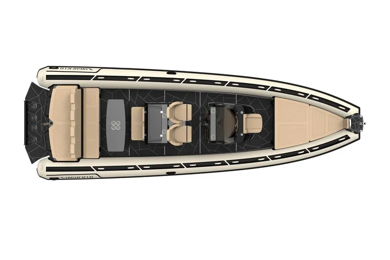 Slide: The Image of Manufacturer Provided Image: Top view of 2025 Highfield Sport 900 boat with beige seating and sleek design. - 2