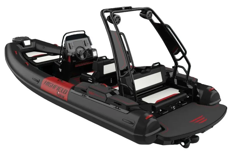 Slide: The Image of Manufacturer Provided Image: 2025 Highfield VELOX 560 inflatable boat, sleek black design with red accents. - 5