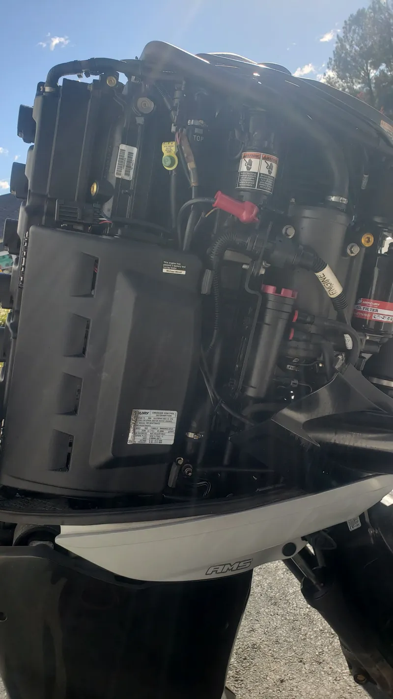 Slide: The Image of Close-up of a 2009 Triton 225 CC outboard motor. - 43