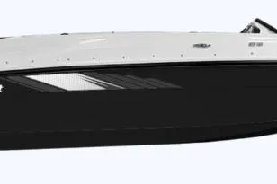 Slide: The Image of 2026 Bayliner Element E16 boat, sleek black and white design, side view. - 22