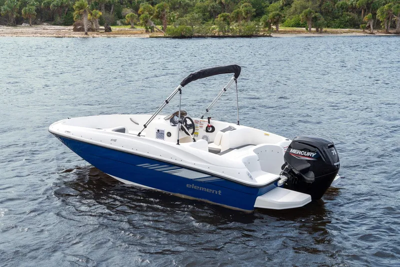 Slide: The Image of 2026 Bayliner Element E16 boat on trailer with Mercury outboard motor. - 3
