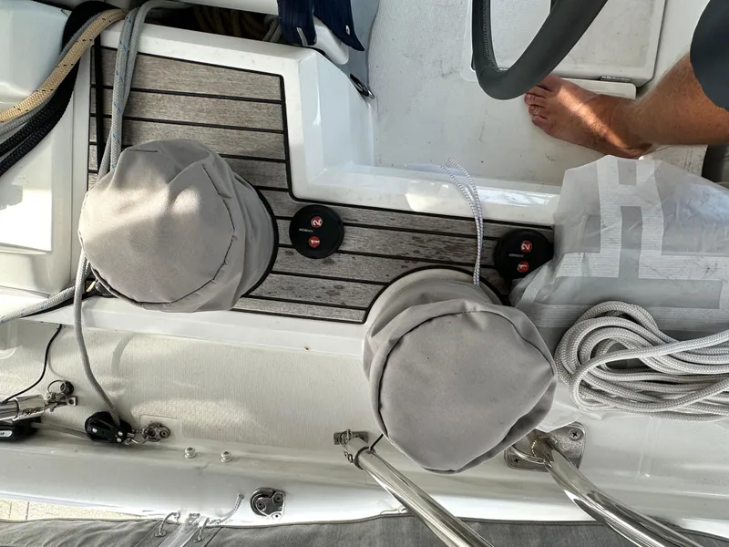 Slide: The Image of Deck of 2023 Beneteau Oceanis 46.1 sailboat with winches and ropes. - 26