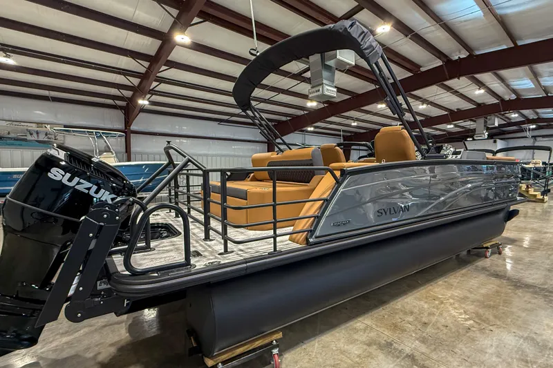 Slide: The Image of 2026 Sylvan L3 LZ DH pontoon boat with Suzuki engine in showroom. - 8