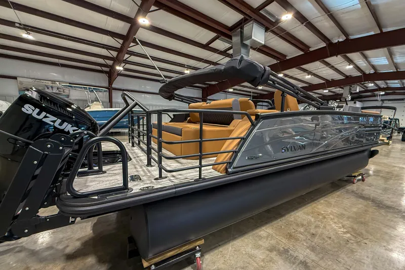 Slide: The Image of 2026 Sylvan L3 LZ DH pontoon boat with Suzuki engine in showroom. - 4