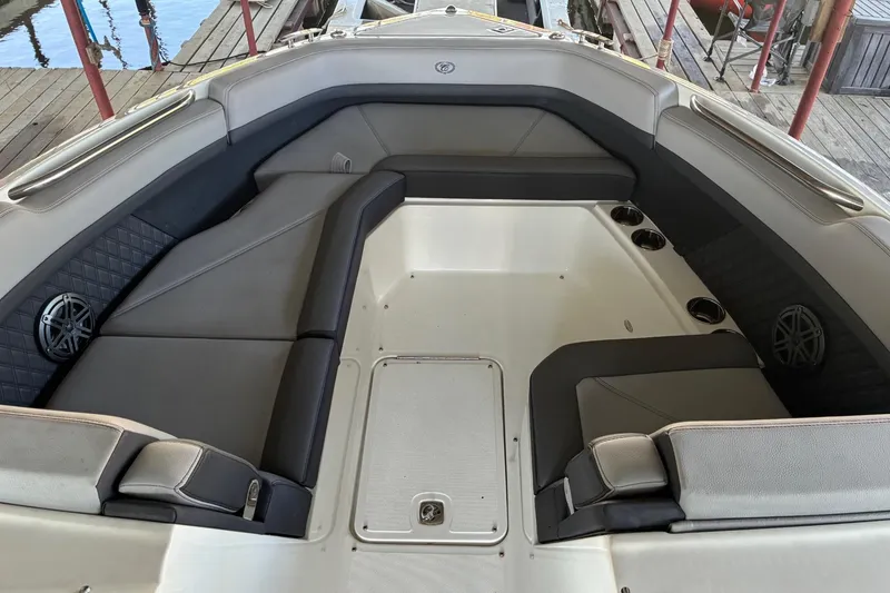 Slide: The Image of Luxurious interior of a 2022 Cobalt R8 Outboard boat with spacious seating and modern design. - 11