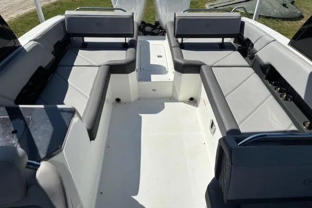 Slide: The Image of 2022 Cobalt R8 Outboard boat interior with built-in storage compartment. - 9