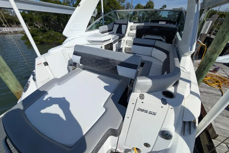 Slide: The Image of 2022 Monterey 295SS Super Sport boat with sleek seating and modern design. - 9