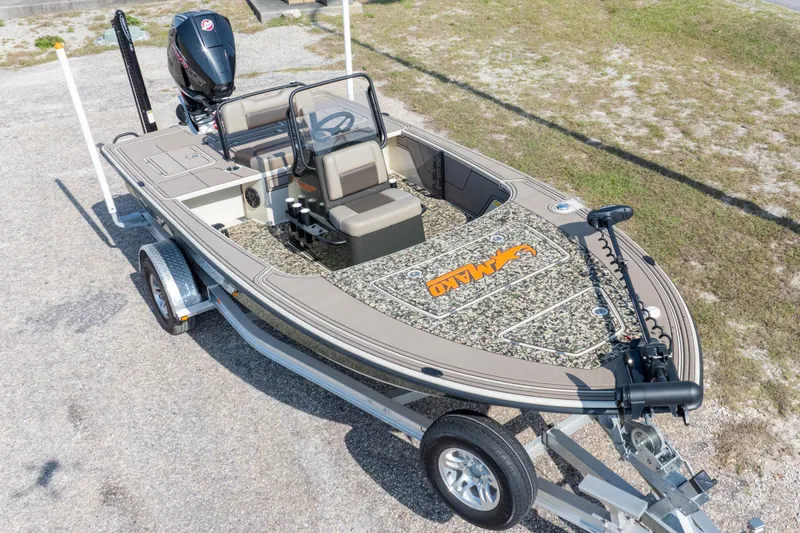 Slide: The Image of 2025 Mako 18 Pro Skiff Backwater Edition boat on trailer, featuring camouflage design. - 37