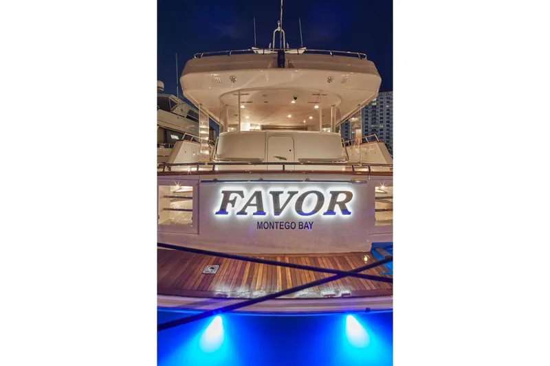 Slide: The Image of Luxury yacht "Favor" docked at night, Crescent Custom Yachts, 2000 model. - 25