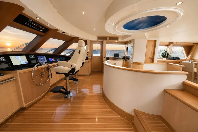 Slide: The Image of Luxurious Crescent Custom Yacht interior, 2000 model, featuring elegant wood finishes and modern navigation equipment. - 41