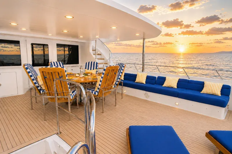 Slide: The Image of Luxurious Crescent Custom Yacht deck with sunset view, featuring elegant seating and dining area, 2000 model. - 44