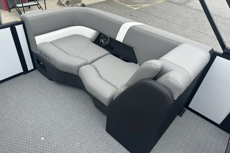 Slide: The Image of Gray and white seating on 2026 Evotti 521QL boat, featuring modern design and comfortable upholstery. - 14