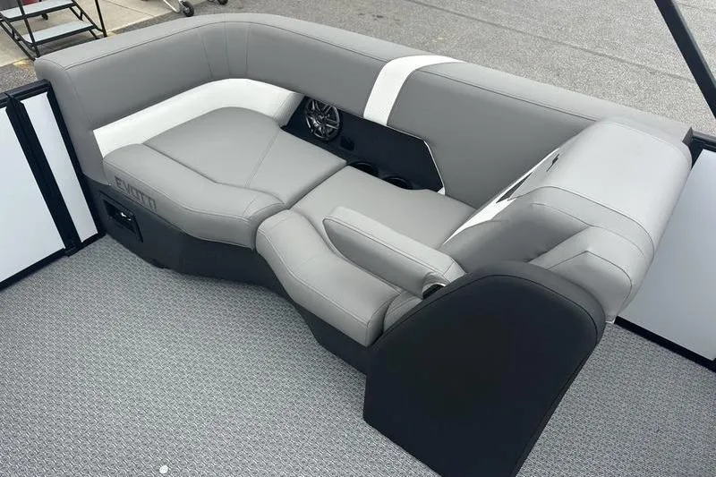 Slide: The Image of Luxurious seating in 2026 Evotti 521QL boat, featuring sleek gray upholstery and modern design. - 16