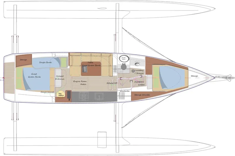 Slide: The Image of Floor plan of 2023 Rapido 40 trimaran, featuring cabins, storage, and living areas. - 13