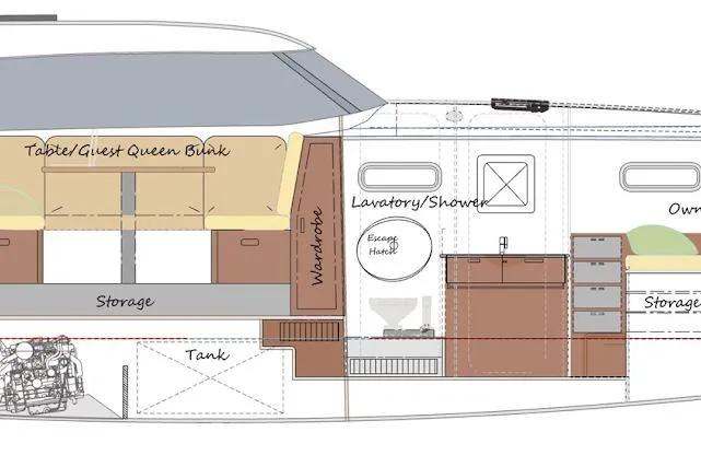 Slide: The Image of 2023 Rapido 40 interior layout with queen bunk, storage, and lavatory/shower area. - 14