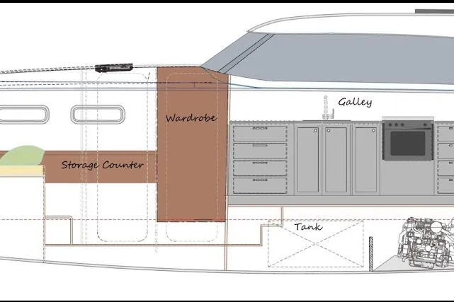 Slide: The Image of 2023 Rapido 40 yacht interior layout with galley, wardrobe, and storage counter. - 15