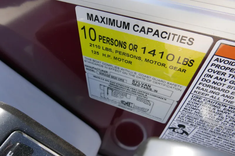 Slide: The Image of Capacity label on 2021 Sylvan Mirage 8520 Cruise boat, 10 persons or 1410 lbs. - 10