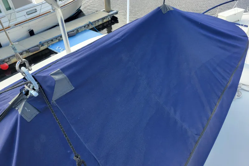 Slide: The Image of Blue canvas cover on 1977 Hatteras 43 Double Cabin boat deck. - 45