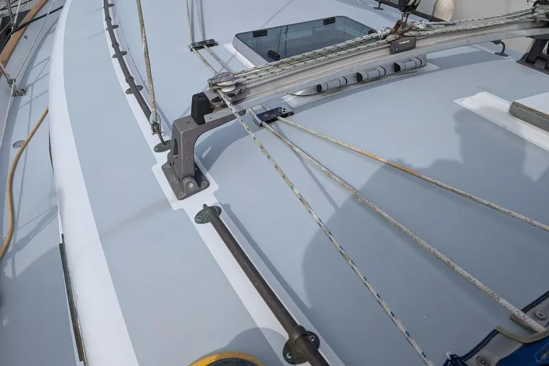 Slide: The Image of Deck of 1980 Island Trader 38 sailboat with rigging and hatch details. - 32