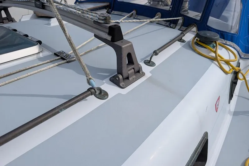 Slide: The Image of Deck of 1980 Island Trader 38 sailboat with rigging and ropes. - 37