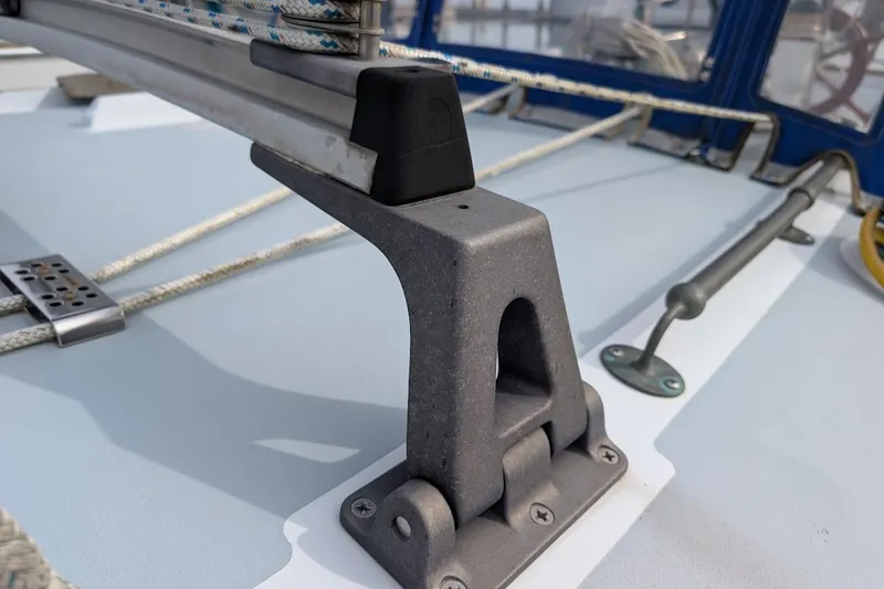 Slide: The Image of Deck hardware on 1980 Island Trader 38 sailboat, featuring ropes and fittings. - 38