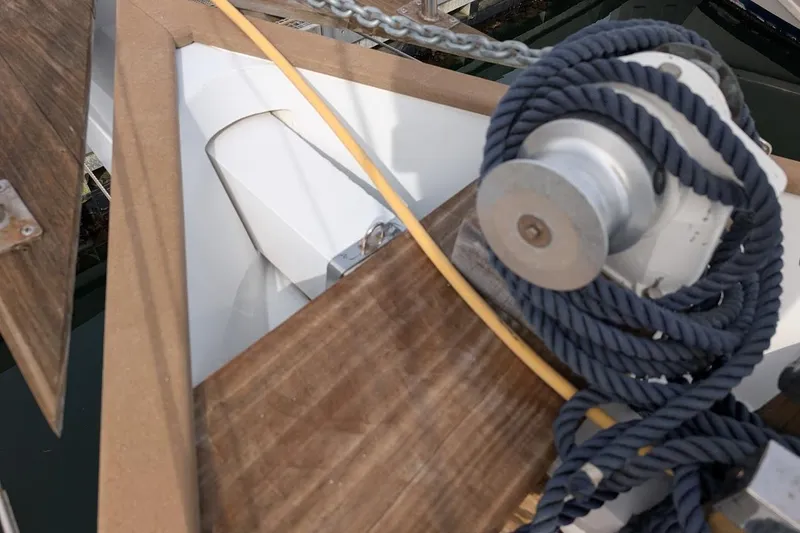 Slide: The Image of Close-up of 1980 Island Trader 38 sailboat deck with winch and ropes. - 40