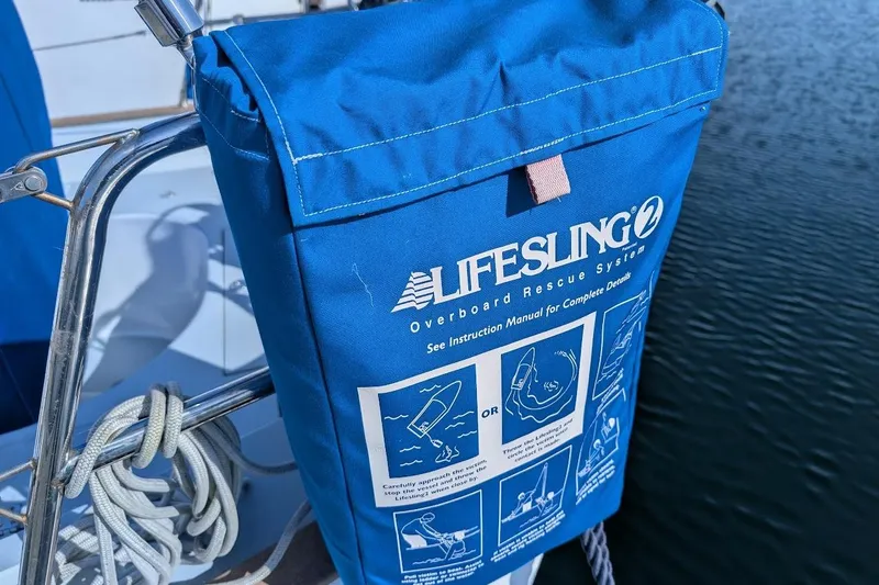Slide: The Image of Blue Lifesling 2 overboard rescue system on 1980 Island Trader 37 sailboat. - 45