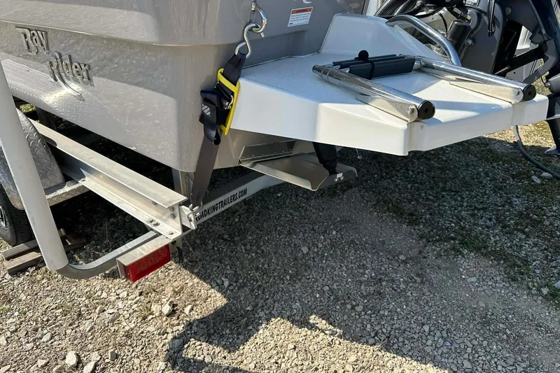 Slide: The Image of 2022 BayRider Kencraft 219 Bay boat on trailer, rear view with ladder. - 3